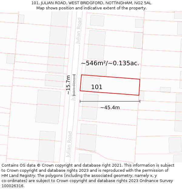 101, JULIAN ROAD, WEST BRIDGFORD, NOTTINGHAM, NG2 5AL: Plot and title map