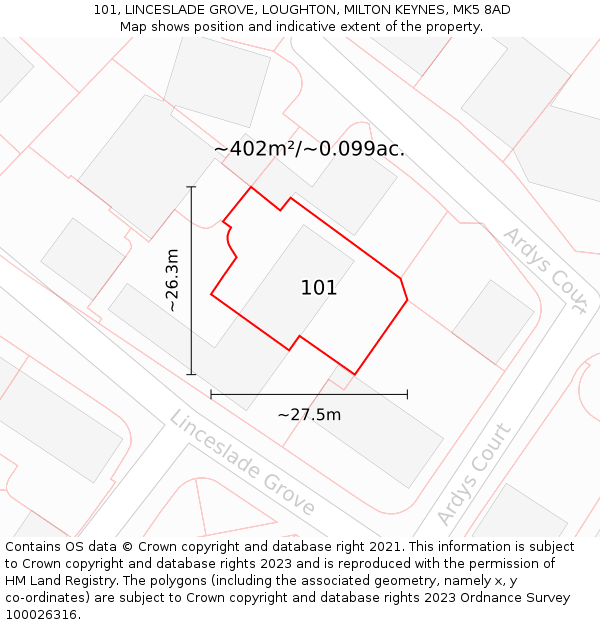 101, LINCESLADE GROVE, LOUGHTON, MILTON KEYNES, MK5 8AD: Plot and title map