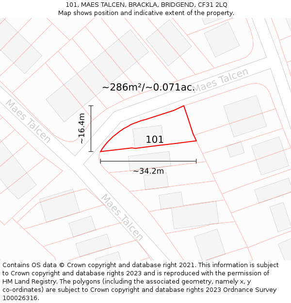 101, MAES TALCEN, BRACKLA, BRIDGEND, CF31 2LQ: Plot and title map