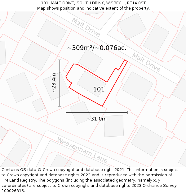 101, MALT DRIVE, SOUTH BRINK, WISBECH, PE14 0ST: Plot and title map