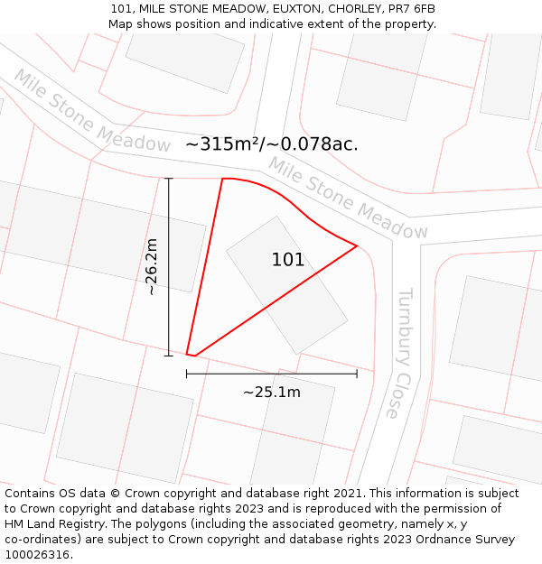 101, MILE STONE MEADOW, EUXTON, CHORLEY, PR7 6FB: Plot and title map