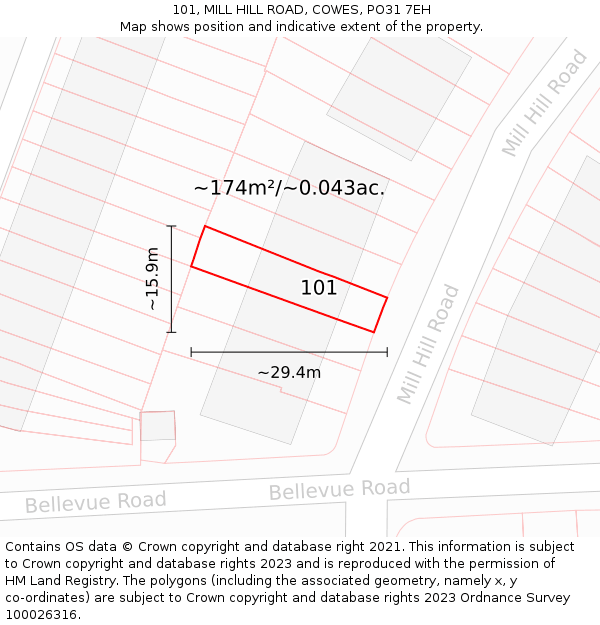 101, MILL HILL ROAD, COWES, PO31 7EH: Plot and title map