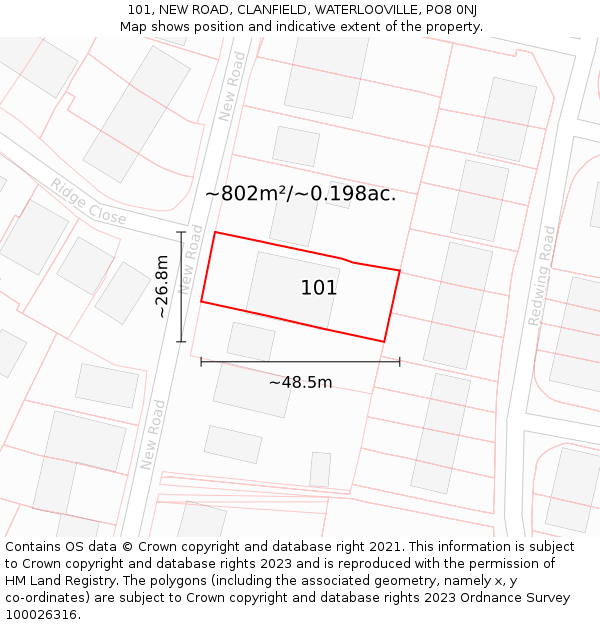 101, NEW ROAD, CLANFIELD, WATERLOOVILLE, PO8 0NJ: Plot and title map