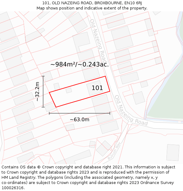 101, OLD NAZEING ROAD, BROXBOURNE, EN10 6RJ: Plot and title map