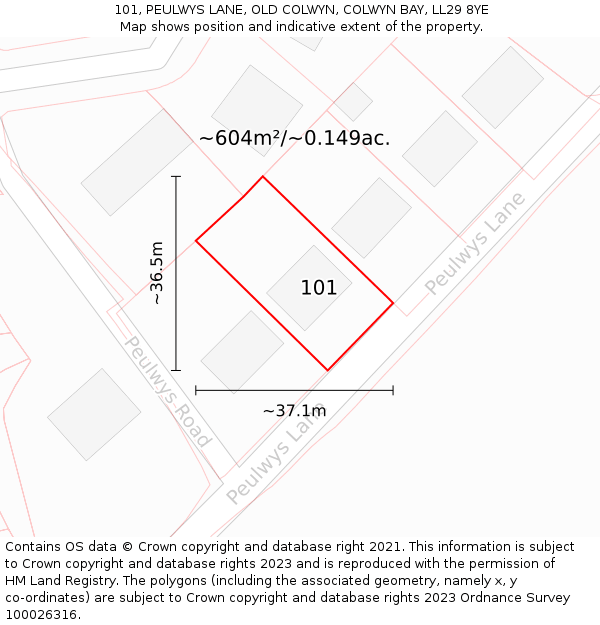 101, PEULWYS LANE, OLD COLWYN, COLWYN BAY, LL29 8YE: Plot and title map