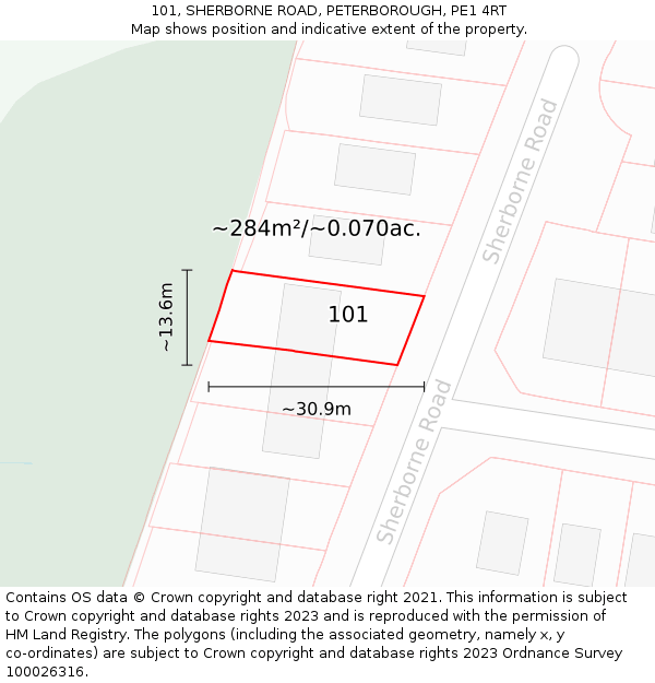 101, SHERBORNE ROAD, PETERBOROUGH, PE1 4RT: Plot and title map