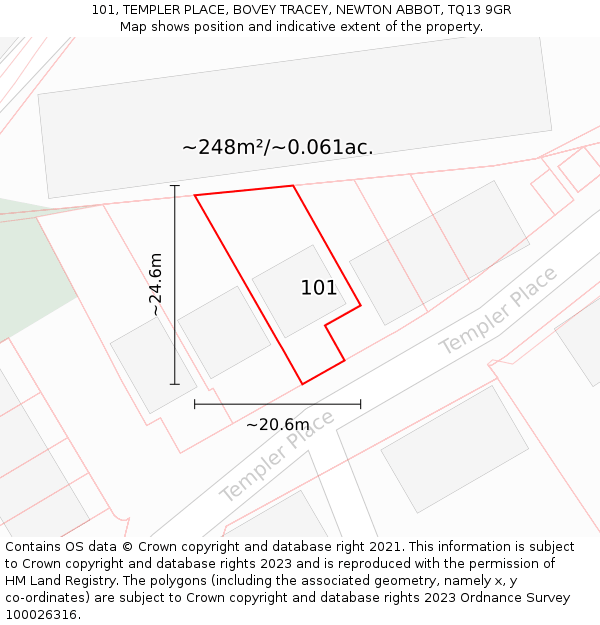 101, TEMPLER PLACE, BOVEY TRACEY, NEWTON ABBOT, TQ13 9GR: Plot and title map