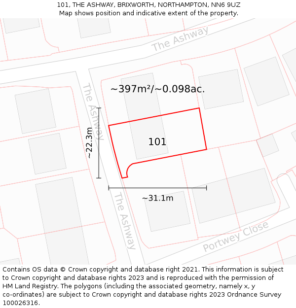 101, THE ASHWAY, BRIXWORTH, NORTHAMPTON, NN6 9UZ: Plot and title map