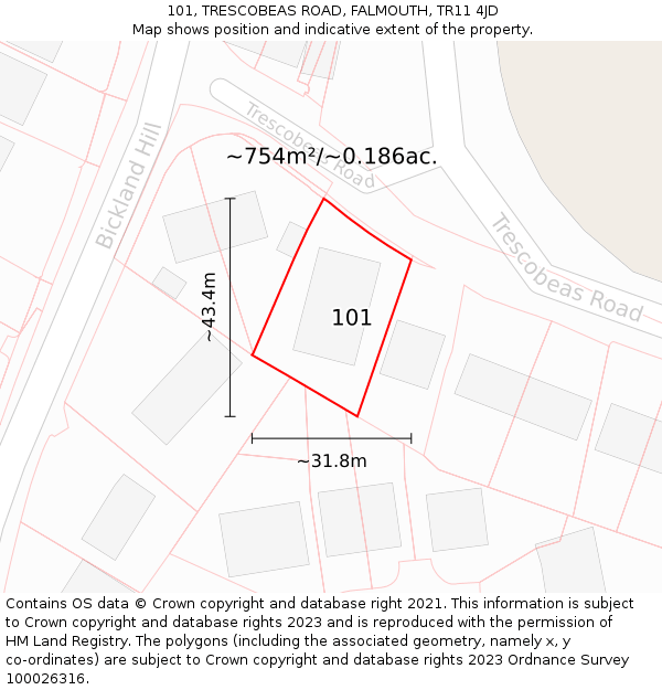 101, TRESCOBEAS ROAD, FALMOUTH, TR11 4JD: Plot and title map