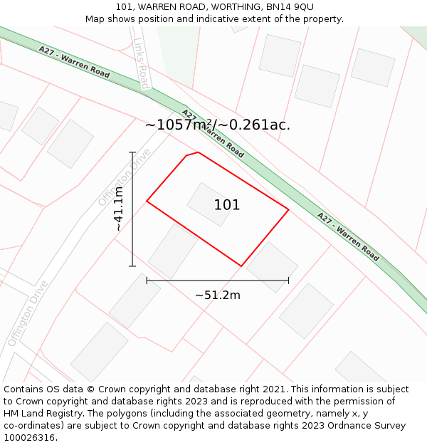 101, WARREN ROAD, WORTHING, BN14 9QU: Plot and title map