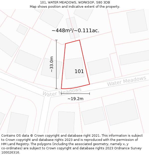 101, WATER MEADOWS, WORKSOP, S80 3DB: Plot and title map