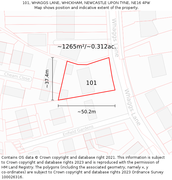 101, WHAGGS LANE, WHICKHAM, NEWCASTLE UPON TYNE, NE16 4PW: Plot and title map