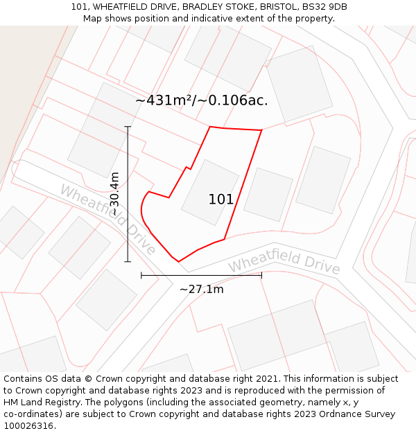 101, WHEATFIELD DRIVE, BRADLEY STOKE, BRISTOL, BS32 9DB: Plot and title map