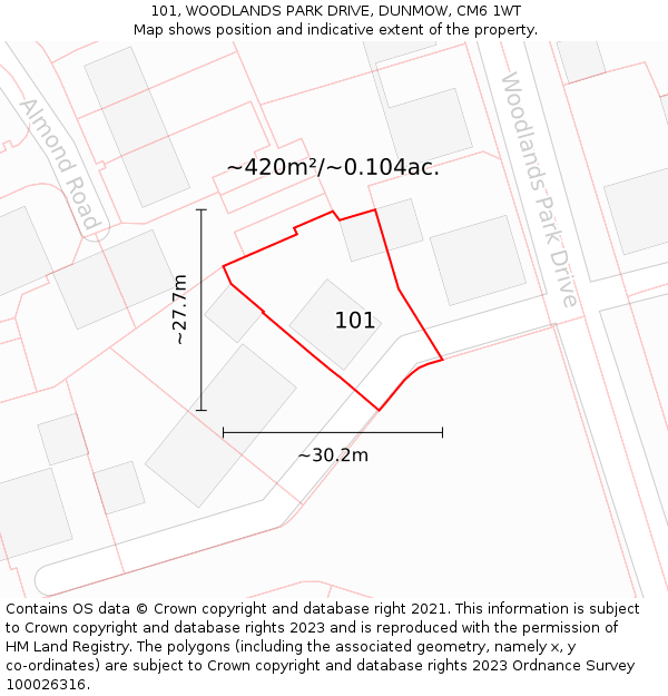 101, WOODLANDS PARK DRIVE, DUNMOW, CM6 1WT: Plot and title map