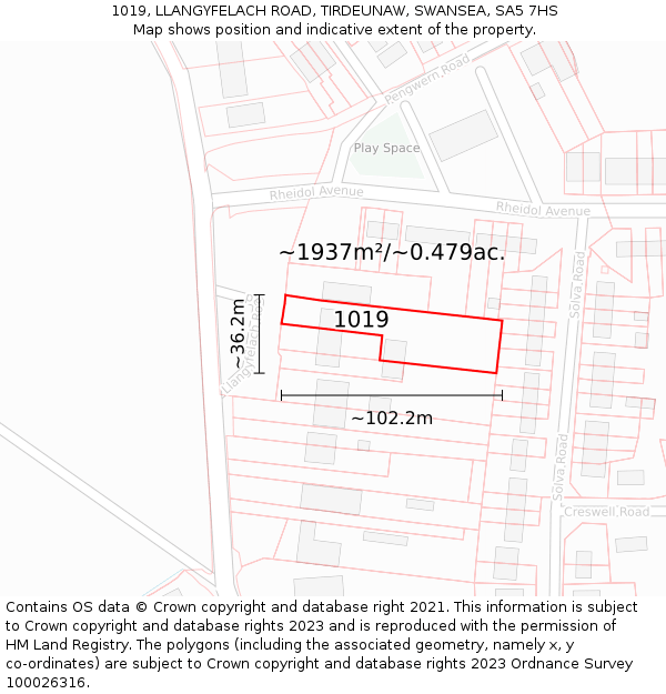 1019, LLANGYFELACH ROAD, TIRDEUNAW, SWANSEA, SA5 7HS: Plot and title map