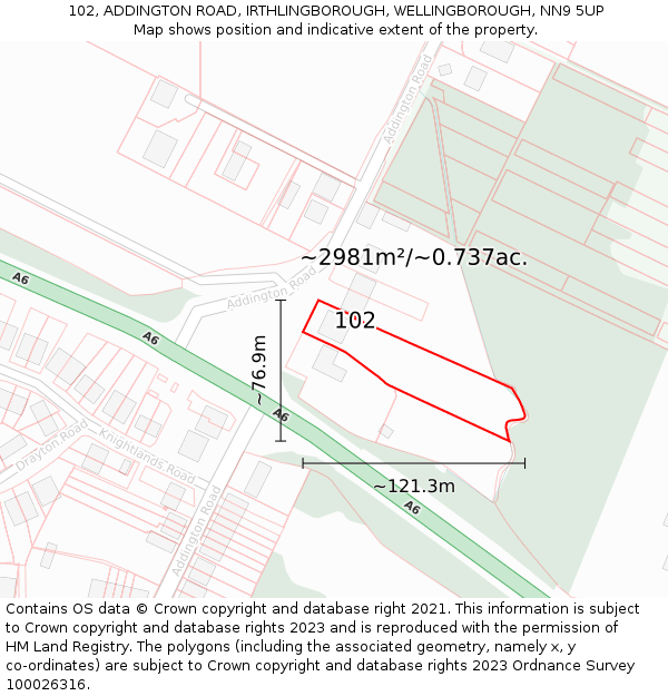 102, ADDINGTON ROAD, IRTHLINGBOROUGH, WELLINGBOROUGH, NN9 5UP: Plot and title map