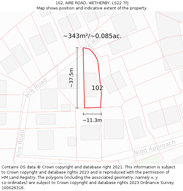 102, AIRE ROAD, WETHERBY, LS22 7FJ: Plot and title map