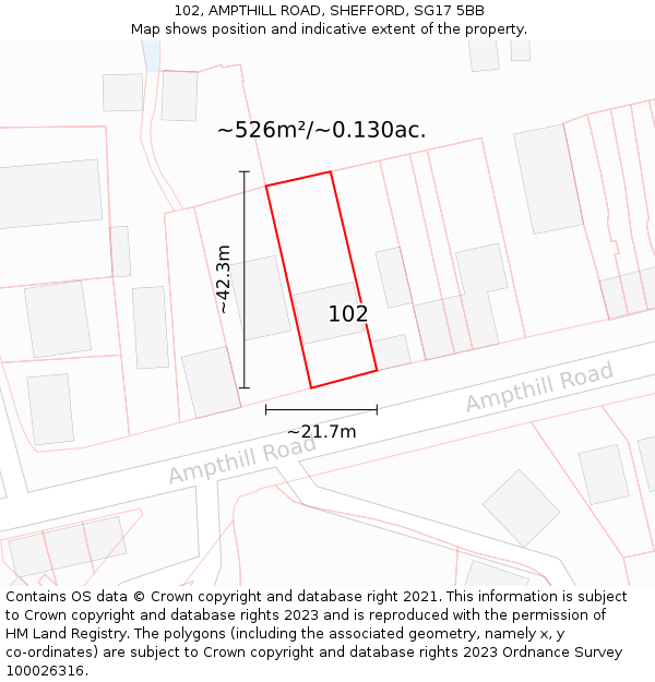 102, AMPTHILL ROAD, SHEFFORD, SG17 5BB: Plot and title map