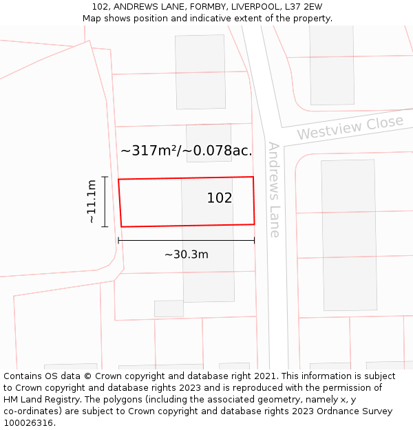 102, ANDREWS LANE, FORMBY, LIVERPOOL, L37 2EW: Plot and title map