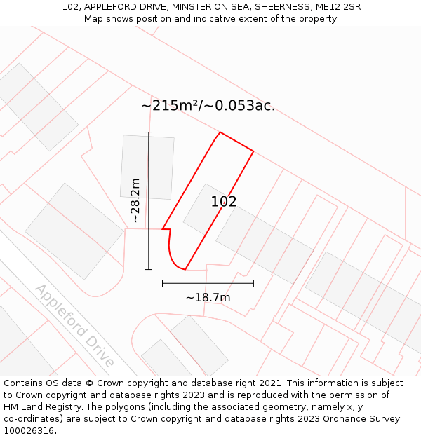 102, APPLEFORD DRIVE, MINSTER ON SEA, SHEERNESS, ME12 2SR: Plot and title map