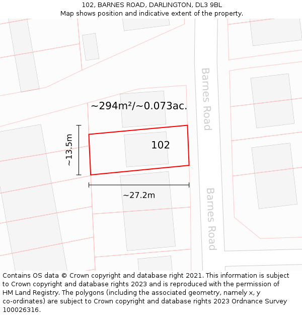 102, BARNES ROAD, DARLINGTON, DL3 9BL: Plot and title map