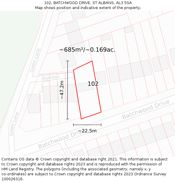 102, BATCHWOOD DRIVE, ST ALBANS, AL3 5SA: Plot and title map