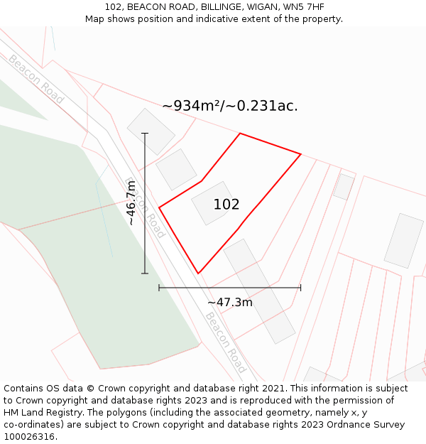 102, BEACON ROAD, BILLINGE, WIGAN, WN5 7HF: Plot and title map