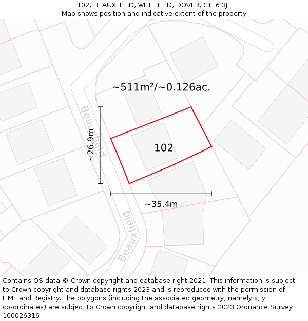 102, BEAUXFIELD, WHITFIELD, DOVER, CT16 3JH: Plot and title map