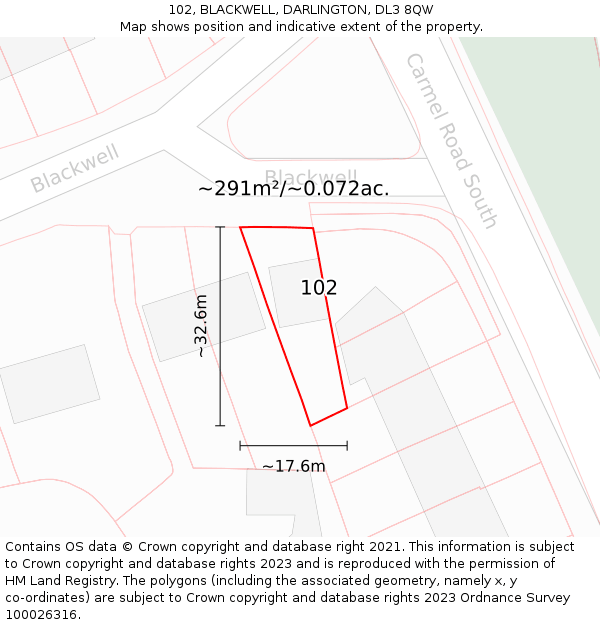 102, BLACKWELL, DARLINGTON, DL3 8QW: Plot and title map