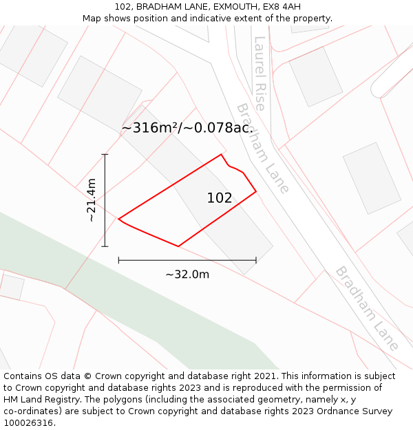 102, BRADHAM LANE, EXMOUTH, EX8 4AH: Plot and title map