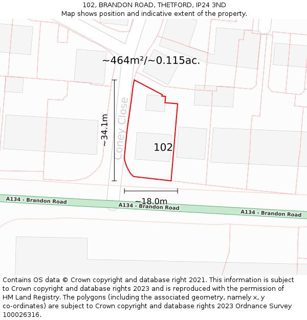 102, BRANDON ROAD, THETFORD, IP24 3ND: Plot and title map