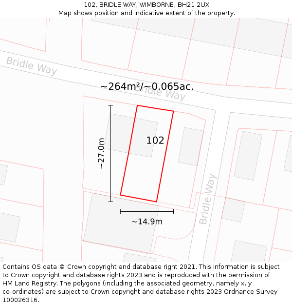 102, BRIDLE WAY, WIMBORNE, BH21 2UX: Plot and title map