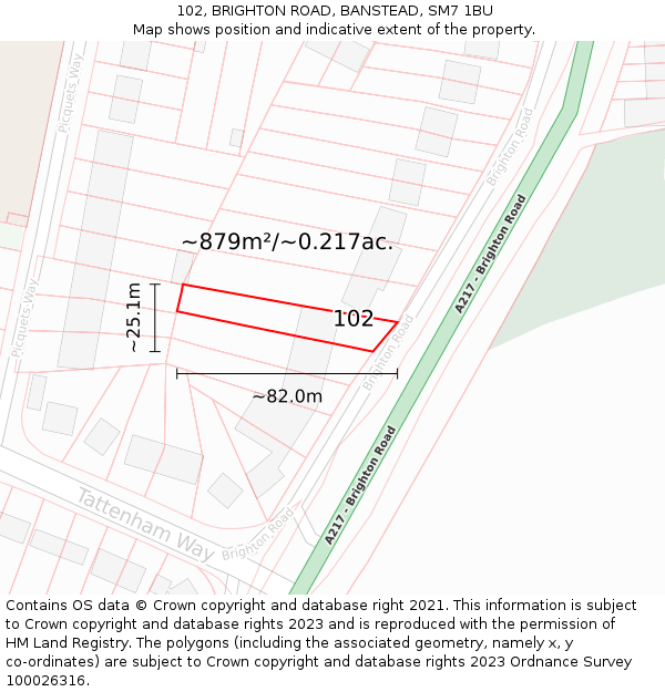 102, BRIGHTON ROAD, BANSTEAD, SM7 1BU: Plot and title map