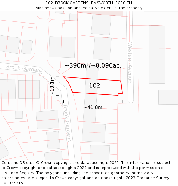 102, BROOK GARDENS, EMSWORTH, PO10 7LL: Plot and title map