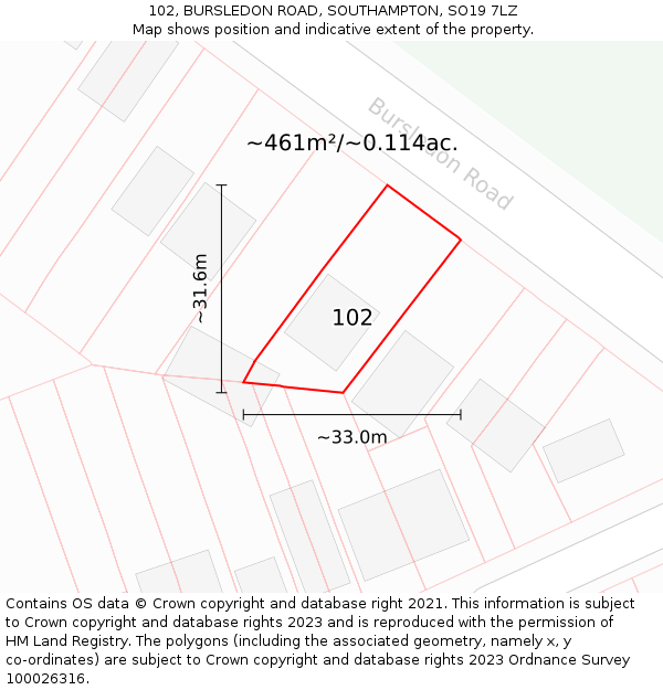 102, BURSLEDON ROAD, SOUTHAMPTON, SO19 7LZ: Plot and title map