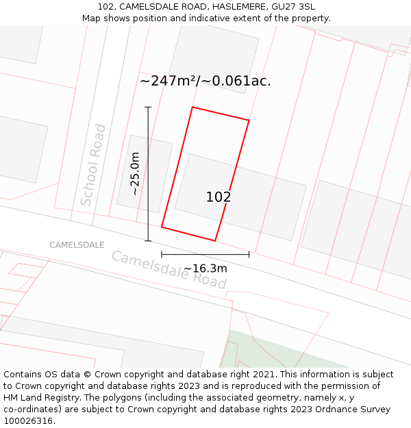 102, CAMELSDALE ROAD, HASLEMERE, GU27 3SL: Plot and title map