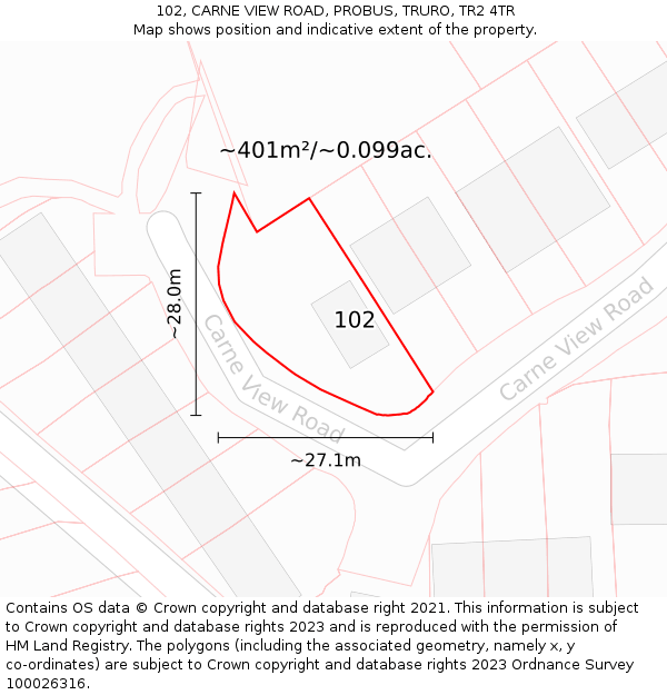 102, CARNE VIEW ROAD, PROBUS, TRURO, TR2 4TR: Plot and title map