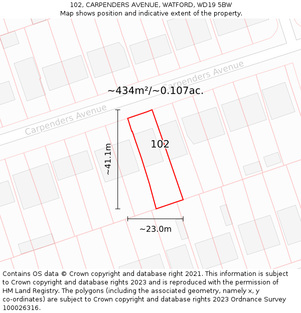 102, CARPENDERS AVENUE, WATFORD, WD19 5BW: Plot and title map