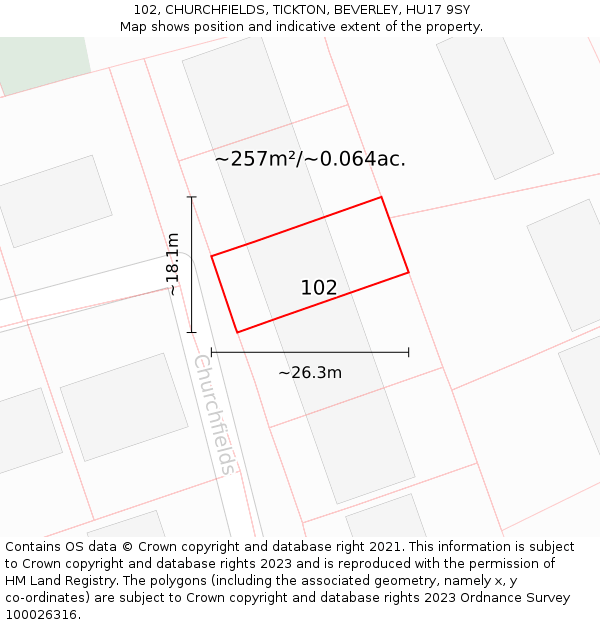 102, CHURCHFIELDS, TICKTON, BEVERLEY, HU17 9SY: Plot and title map