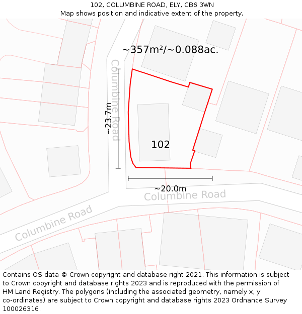 102, COLUMBINE ROAD, ELY, CB6 3WN: Plot and title map