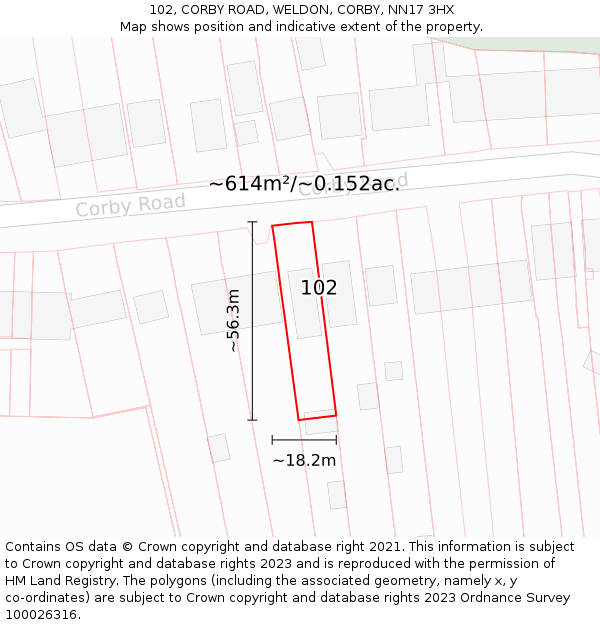 102, CORBY ROAD, WELDON, CORBY, NN17 3HX: Plot and title map