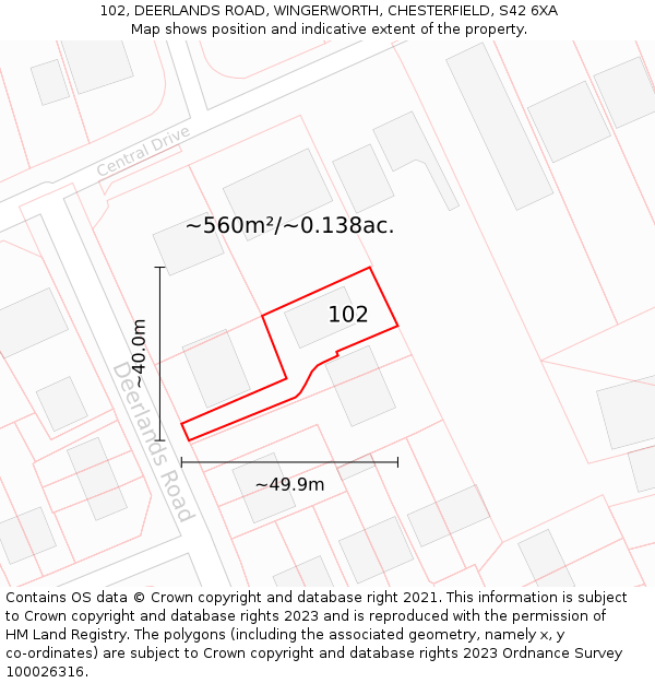 102, DEERLANDS ROAD, WINGERWORTH, CHESTERFIELD, S42 6XA: Plot and title map