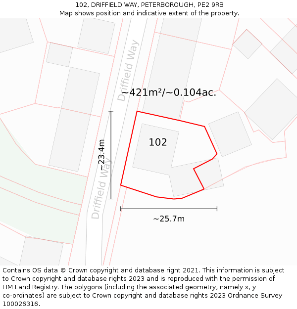 102, DRIFFIELD WAY, PETERBOROUGH, PE2 9RB: Plot and title map