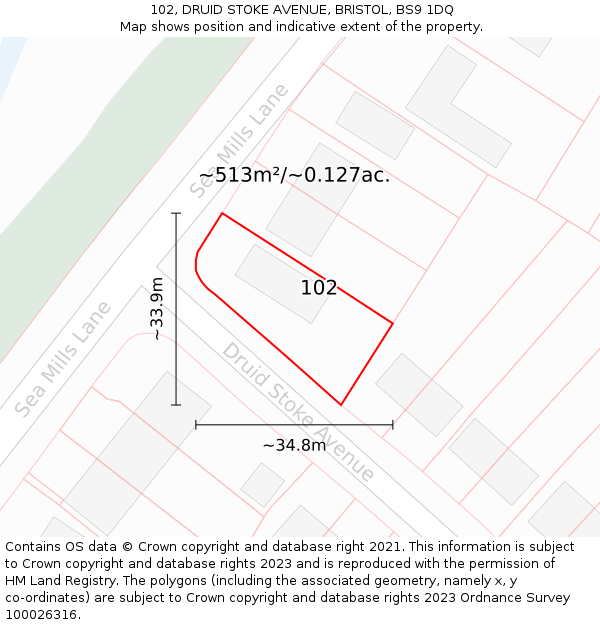 102, DRUID STOKE AVENUE, BRISTOL, BS9 1DQ: Plot and title map