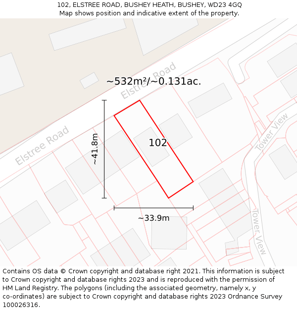 102, ELSTREE ROAD, BUSHEY HEATH, BUSHEY, WD23 4GQ: Plot and title map