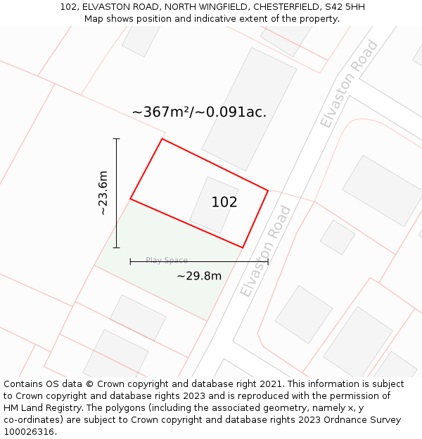 102, ELVASTON ROAD, NORTH WINGFIELD, CHESTERFIELD, S42 5HH: Plot and title map