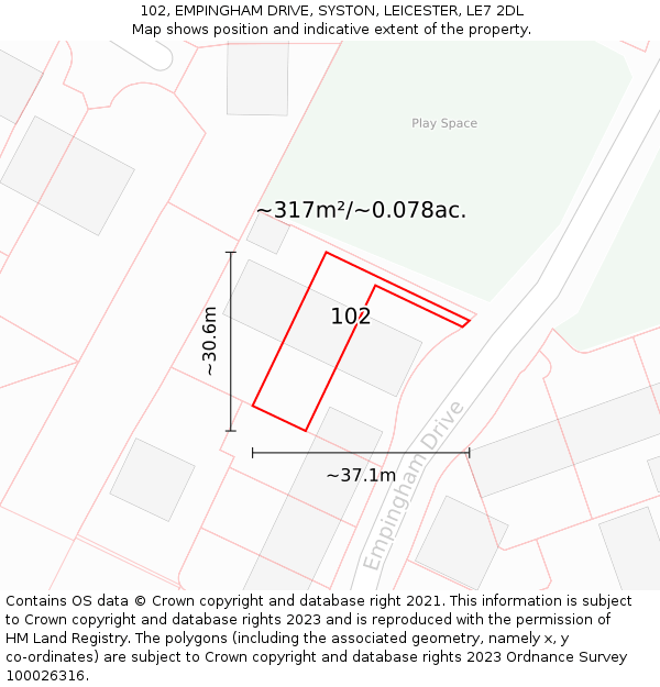 102, EMPINGHAM DRIVE, SYSTON, LEICESTER, LE7 2DL: Plot and title map