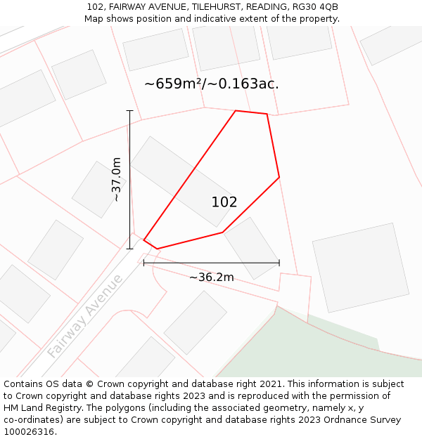 102, FAIRWAY AVENUE, TILEHURST, READING, RG30 4QB: Plot and title map