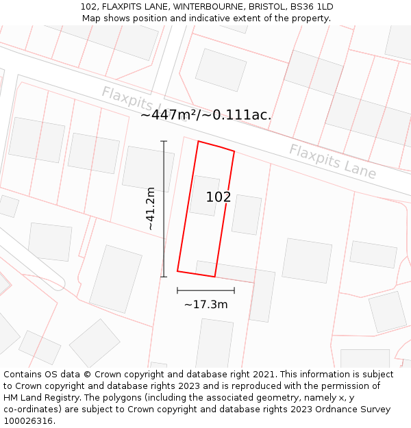 102, FLAXPITS LANE, WINTERBOURNE, BRISTOL, BS36 1LD: Plot and title map