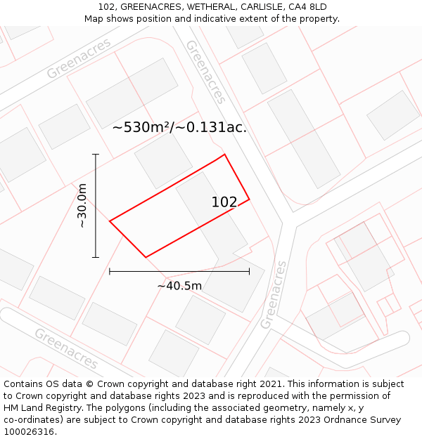 102, GREENACRES, WETHERAL, CARLISLE, CA4 8LD: Plot and title map